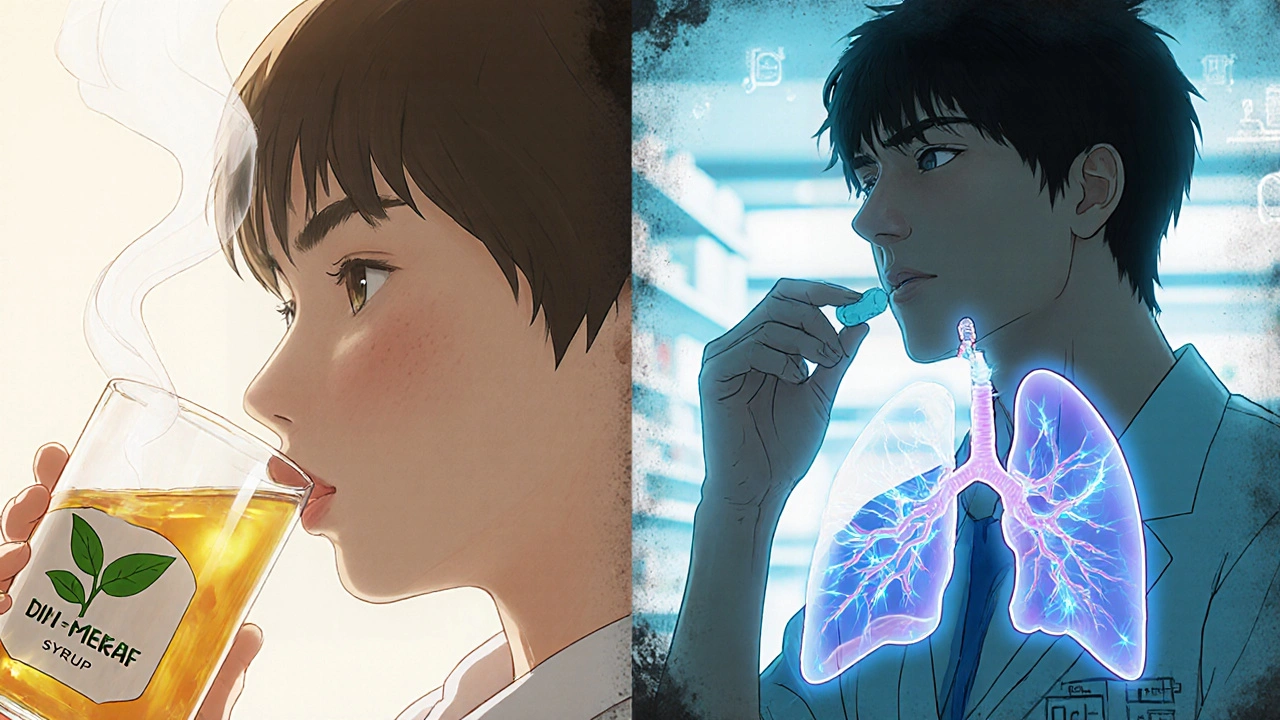 A child drinks herbal syrup with warm light while an adult takes a tablet under harsh hospital light, chemical chains breaking in their lungs.