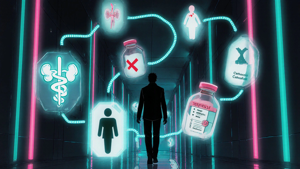 A patient walks through a branching hallway with visual cues leading to different antibiotics.