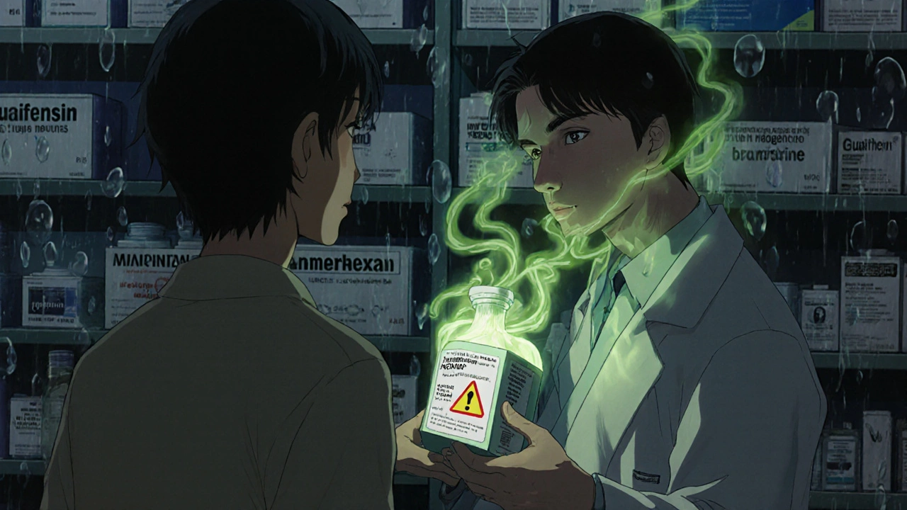 A pharmacist hands a nebulizer to a patient as green mist forms lung shapes, warning symbols glowing, shelves of cough medicines fading into shadow.