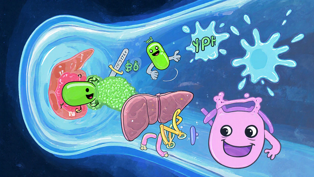 Animated bloodstream showing drug conversion in the liver and DNA attack.