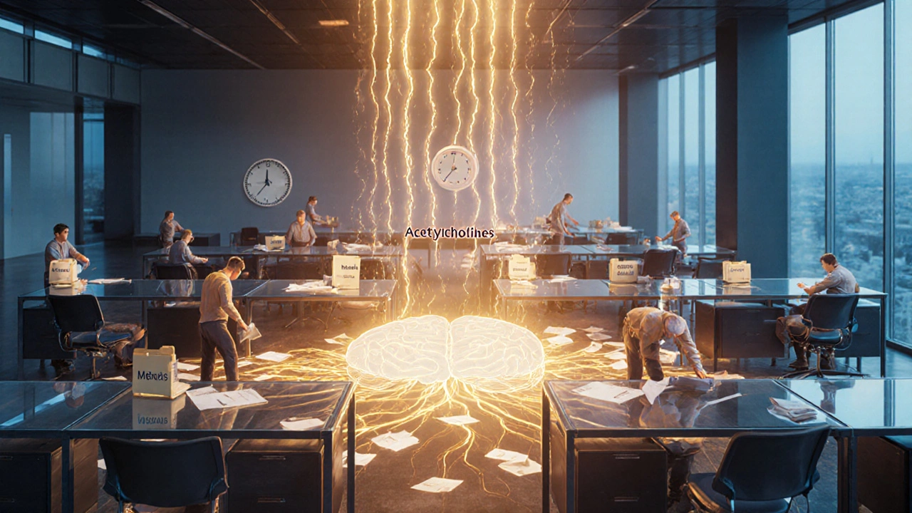Brain illustrated as an office with workers cleaning and organizing, highlighting gradual memory boost.
