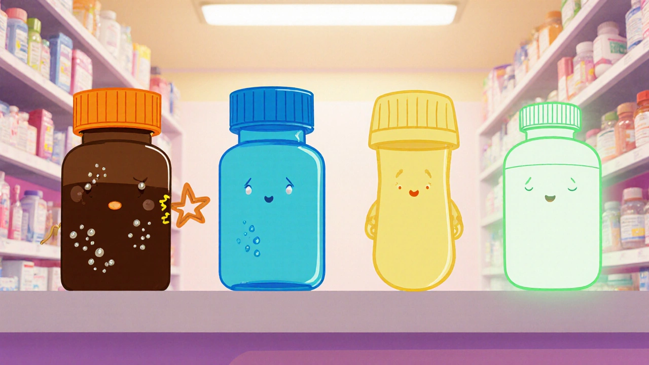 Cartoon pill bottles as characters representing different pain relievers.