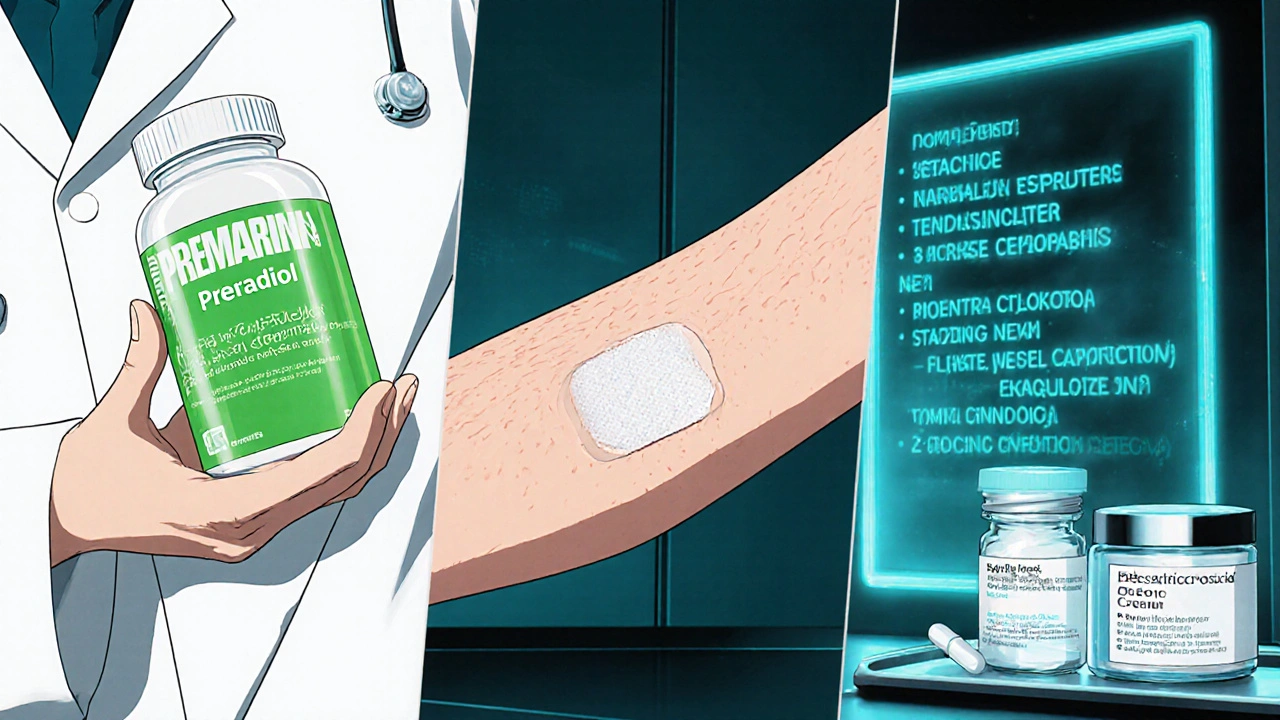 Clinic split scene showing Premarin tablets, estradiol patch, and bioidentical cream.