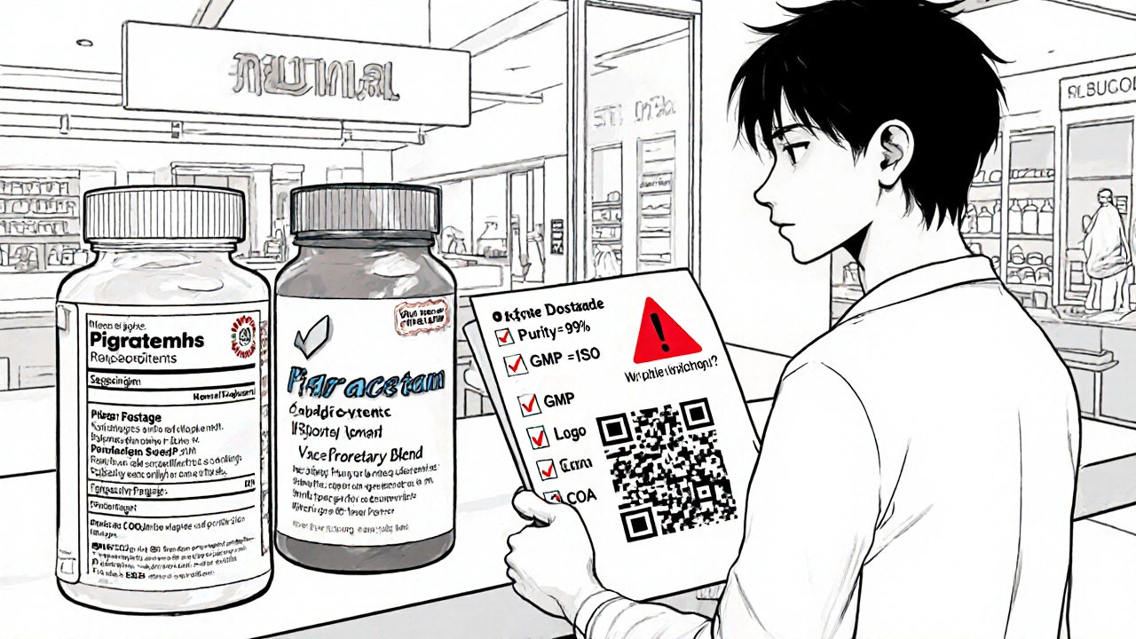 Consumer compares two Piracetam bottles, checking a checklist and spotting a red warning.