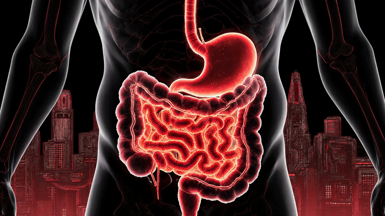 Cross-section of gut and joint showing bile acids being trapped, with calming bacteria and fading inflammation signals.