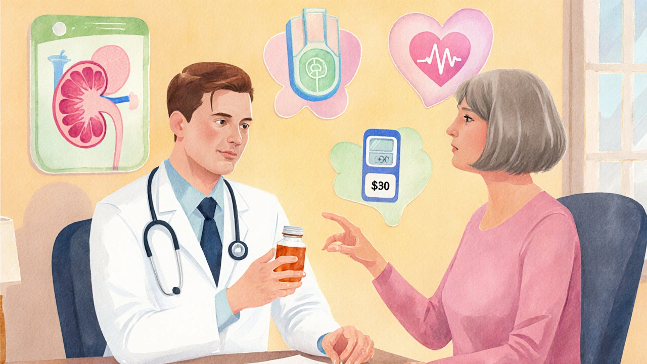 Doctor consulting patient with subtle icons for kidney, heart, diabetes, and cost in the background.