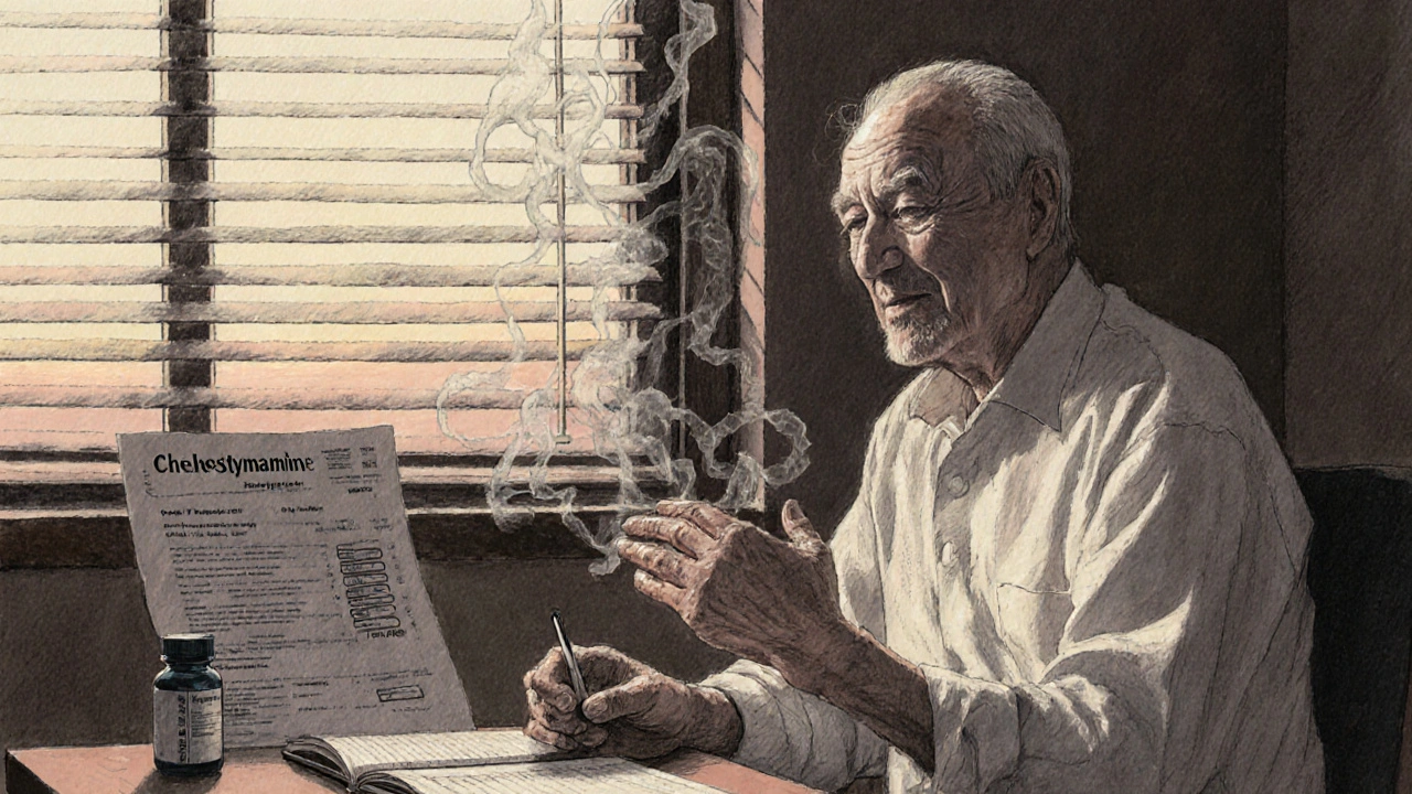 Elderly man in clinic smiling at blood test results, with fading inflammation tendrils receding from his hands.