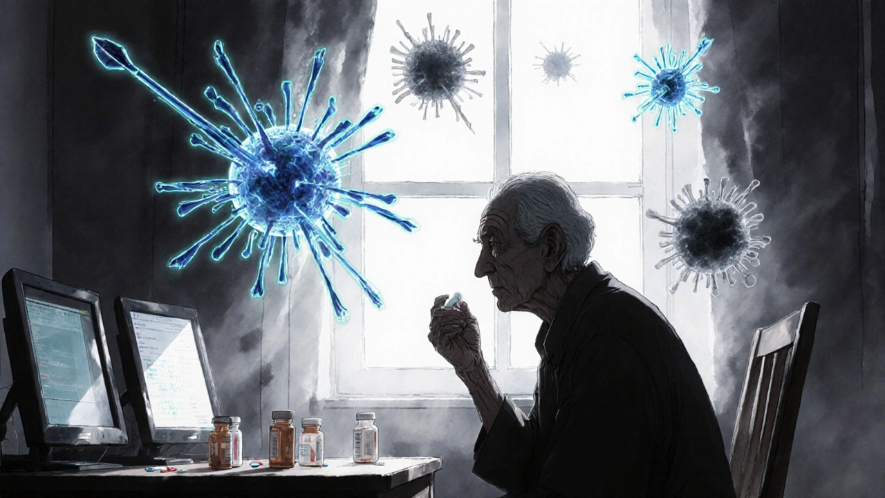 Elderly patient taking lenalidomide as cybernetic immune warriors fight cancer in the air.