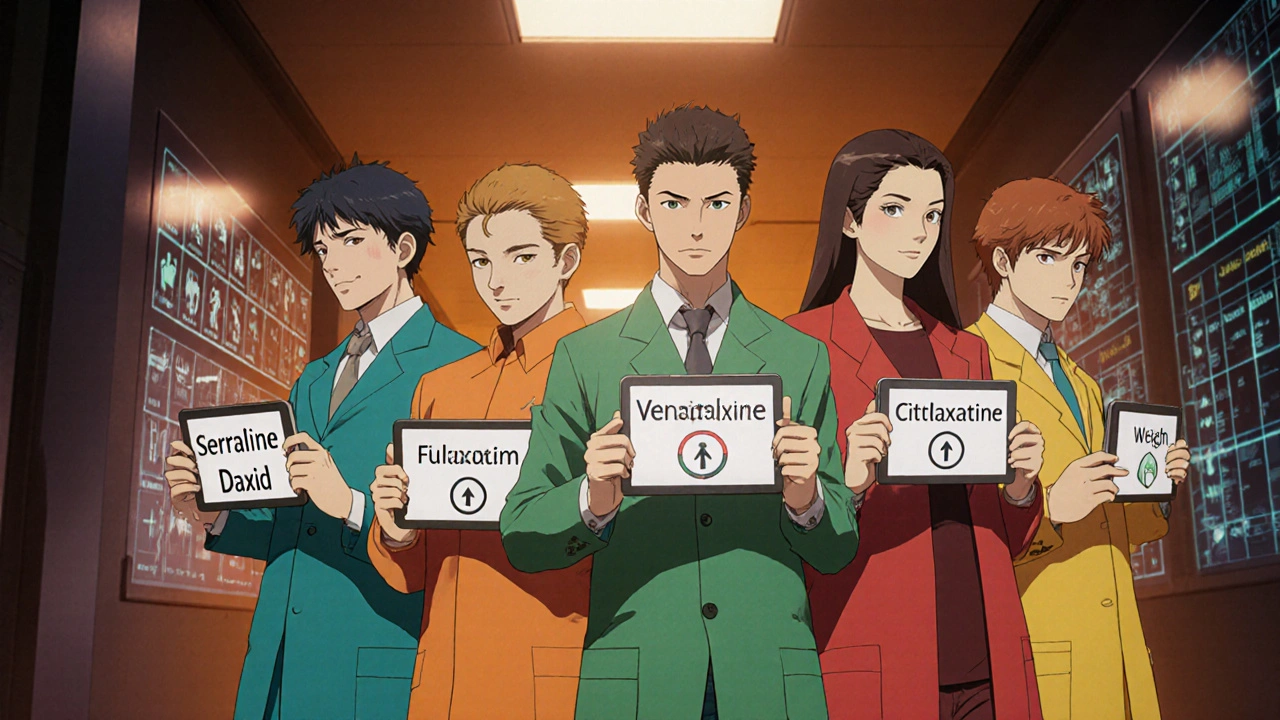 Five characters representing different antidepressants stand in a futuristic clinic corridor.