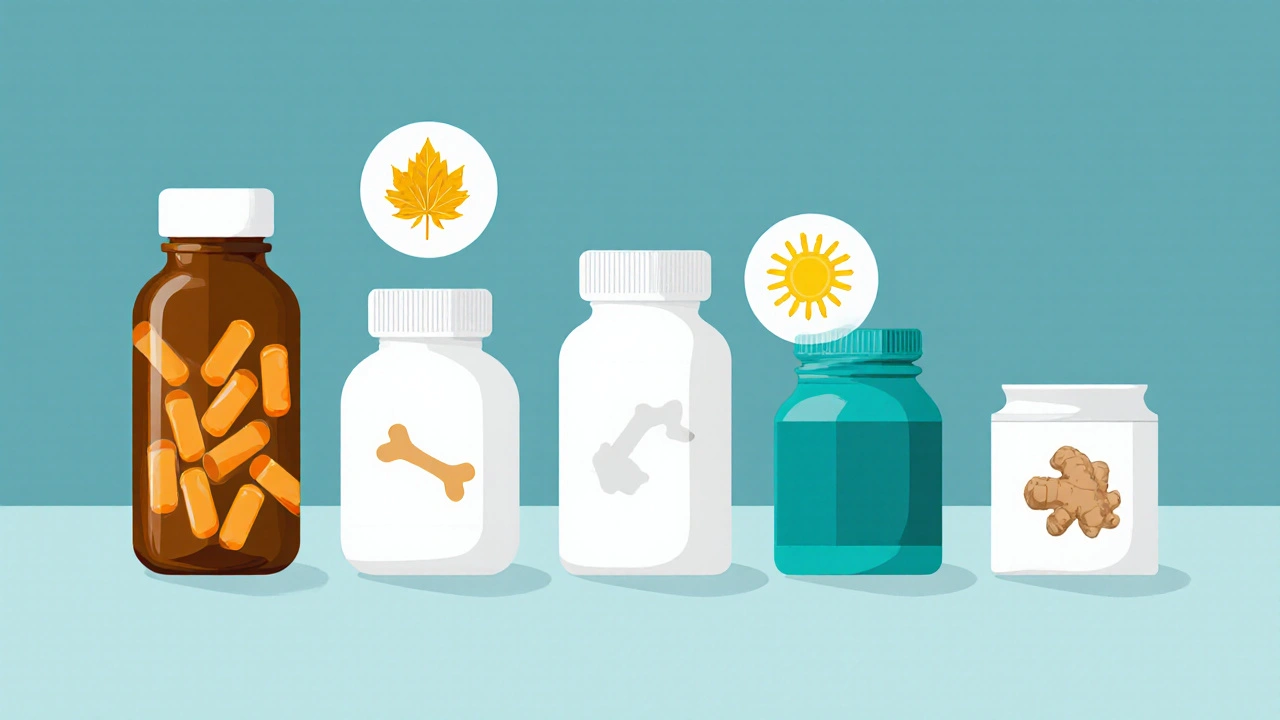Flat illustration of six different supplement bottles with icons representing their main ingredients.