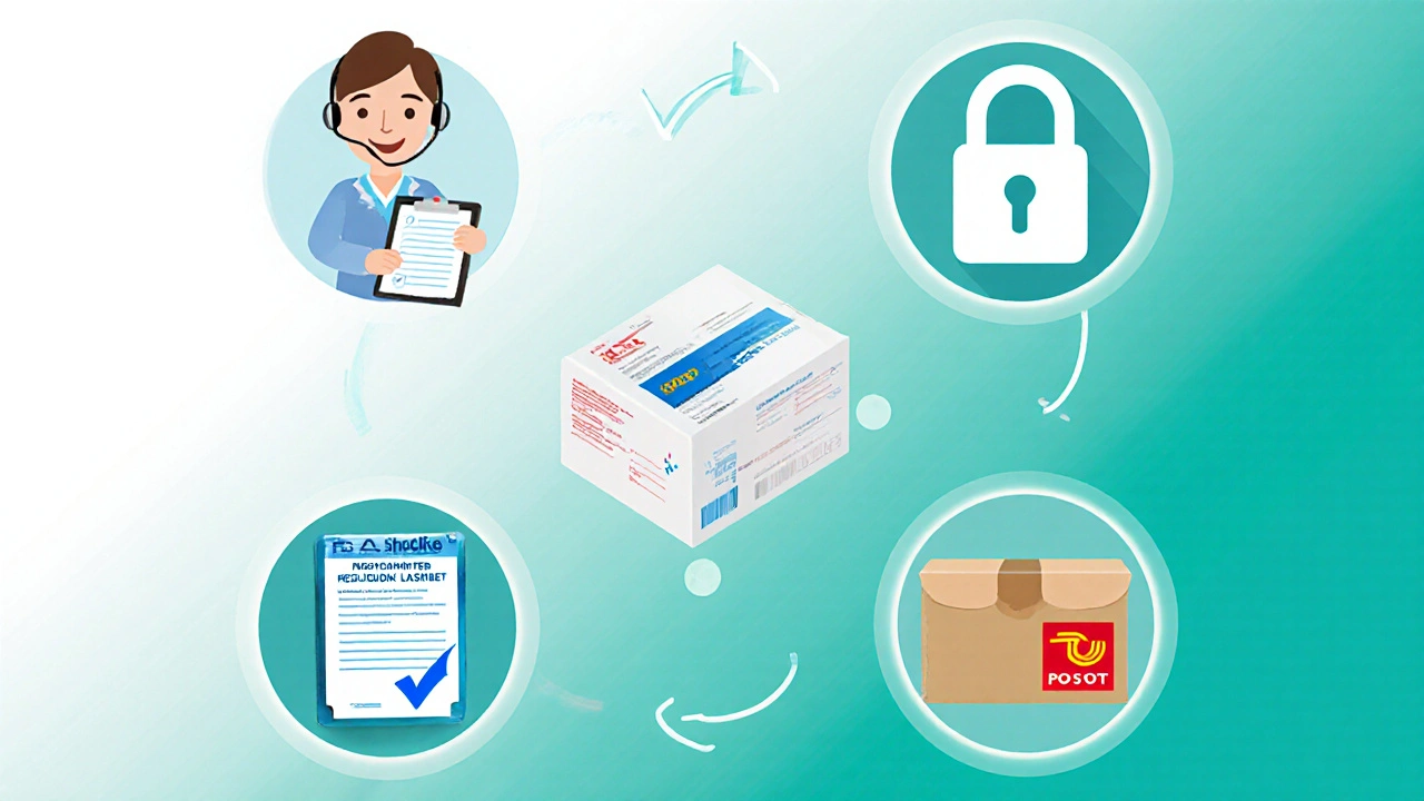 Flat‑style safety checklist icons around a medication box for online purchase.