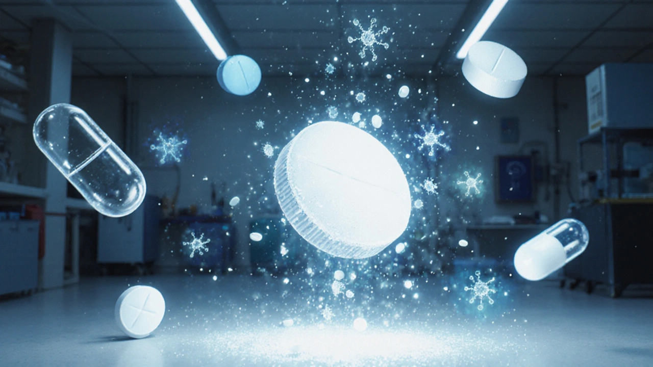 Floating ED medication holograms dissolving around a solid Tadarise Pro tablet in a high-tech lab.