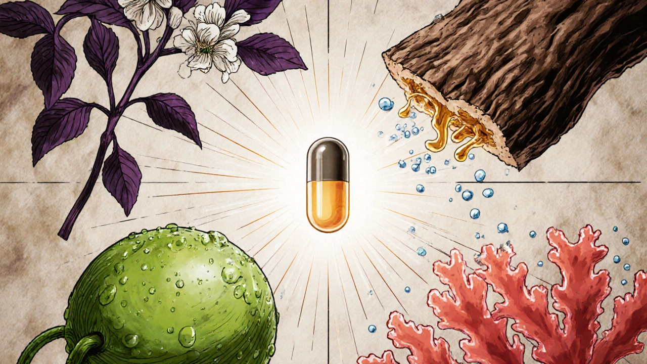 Four key Styplon ingredients surrounding a glowing capsule, showing their synergy.