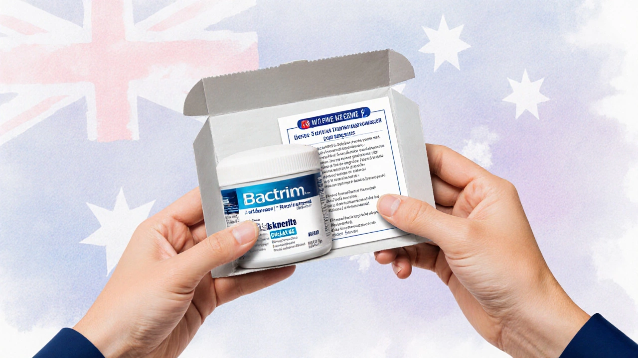 Hand holding discreet parcel containing Bactrim bottle and usage guide.