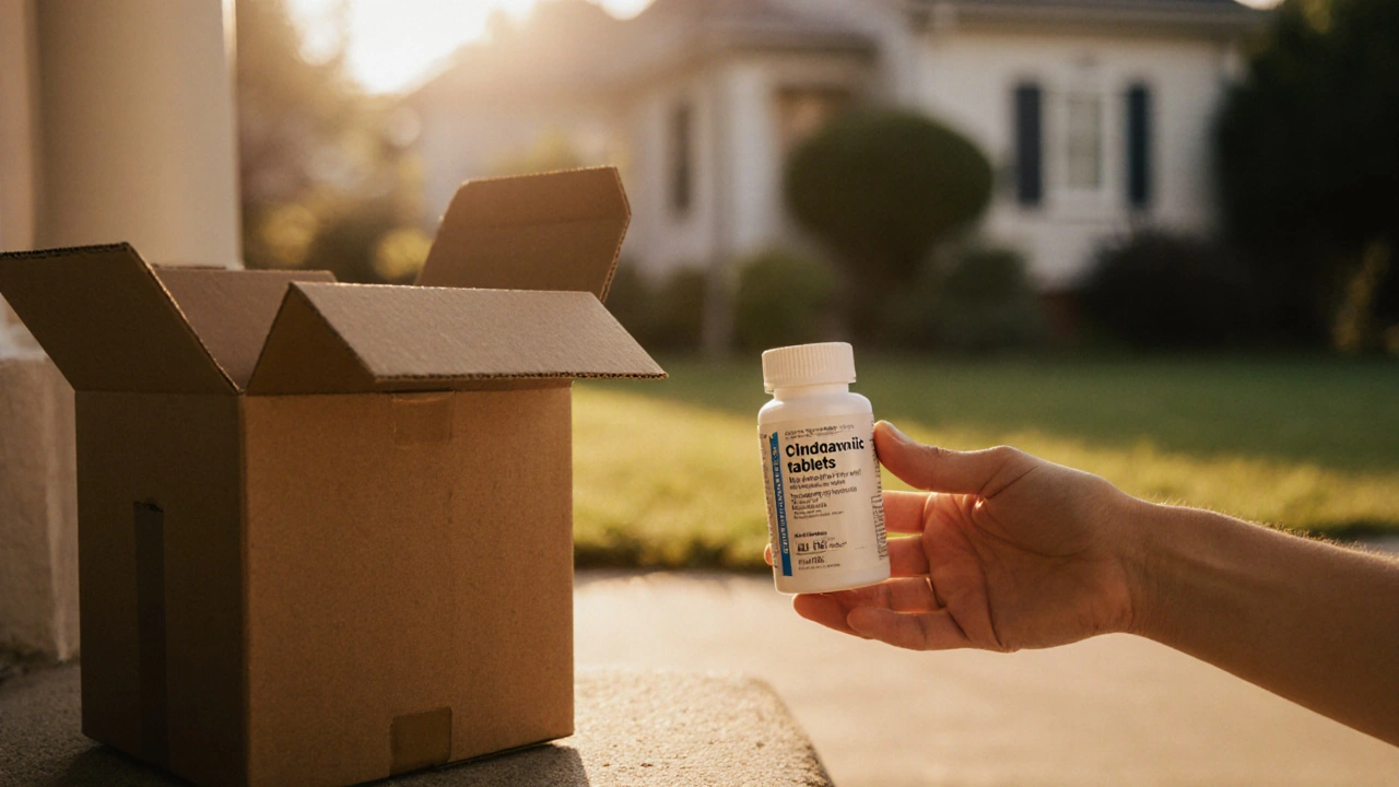 Hand inspecting an opened parcel revealing a bottle of generic clindamycin on a porch.