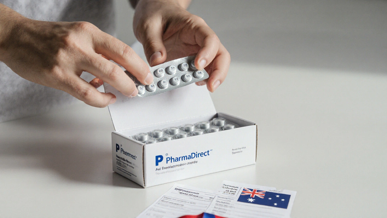 Hand opening a box revealing generic Lasix tablets and prescription slip.