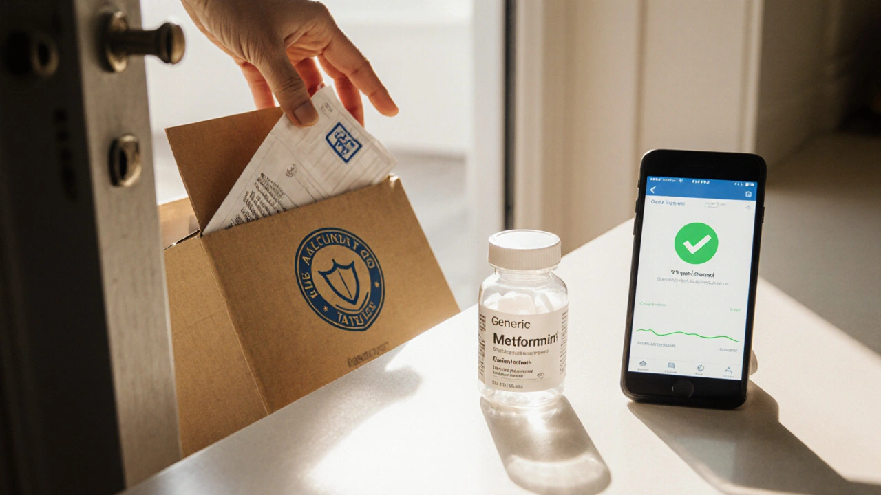 Hand opening delivered package revealing metformin bottle and tracking app on phone.