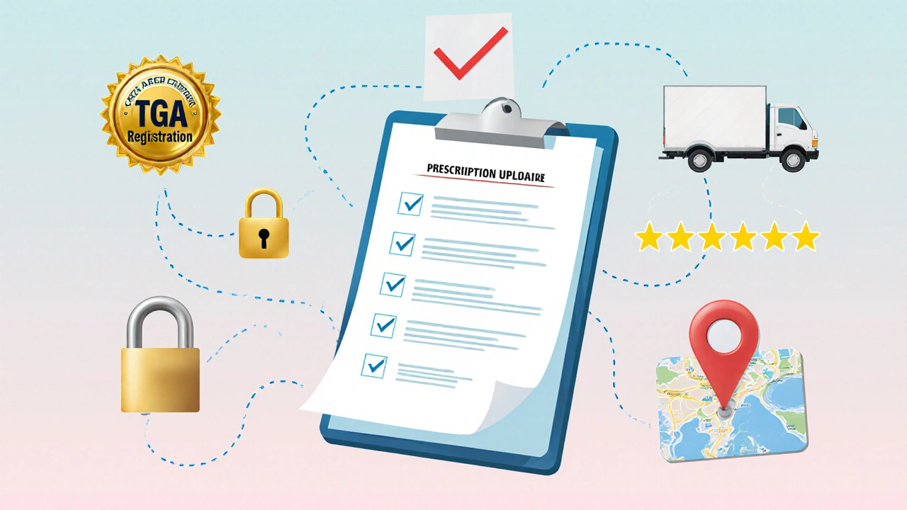 Illustrated checklist with icons for registration, prescription upload, payment security, reviews, and delivery.