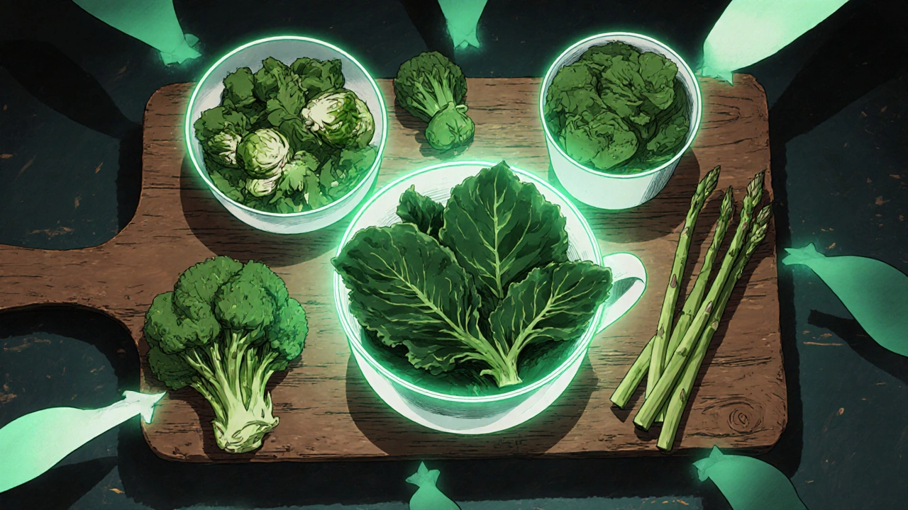 Illustrated food board showing kale, spinach, broccoli with glowing auras indicating vitamin K levels.