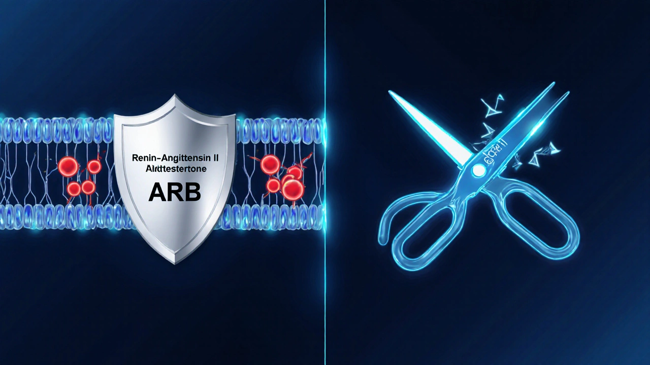 Illustration of ARB blocking a receptor and ACE inhibitor breaking an enzyme chain.