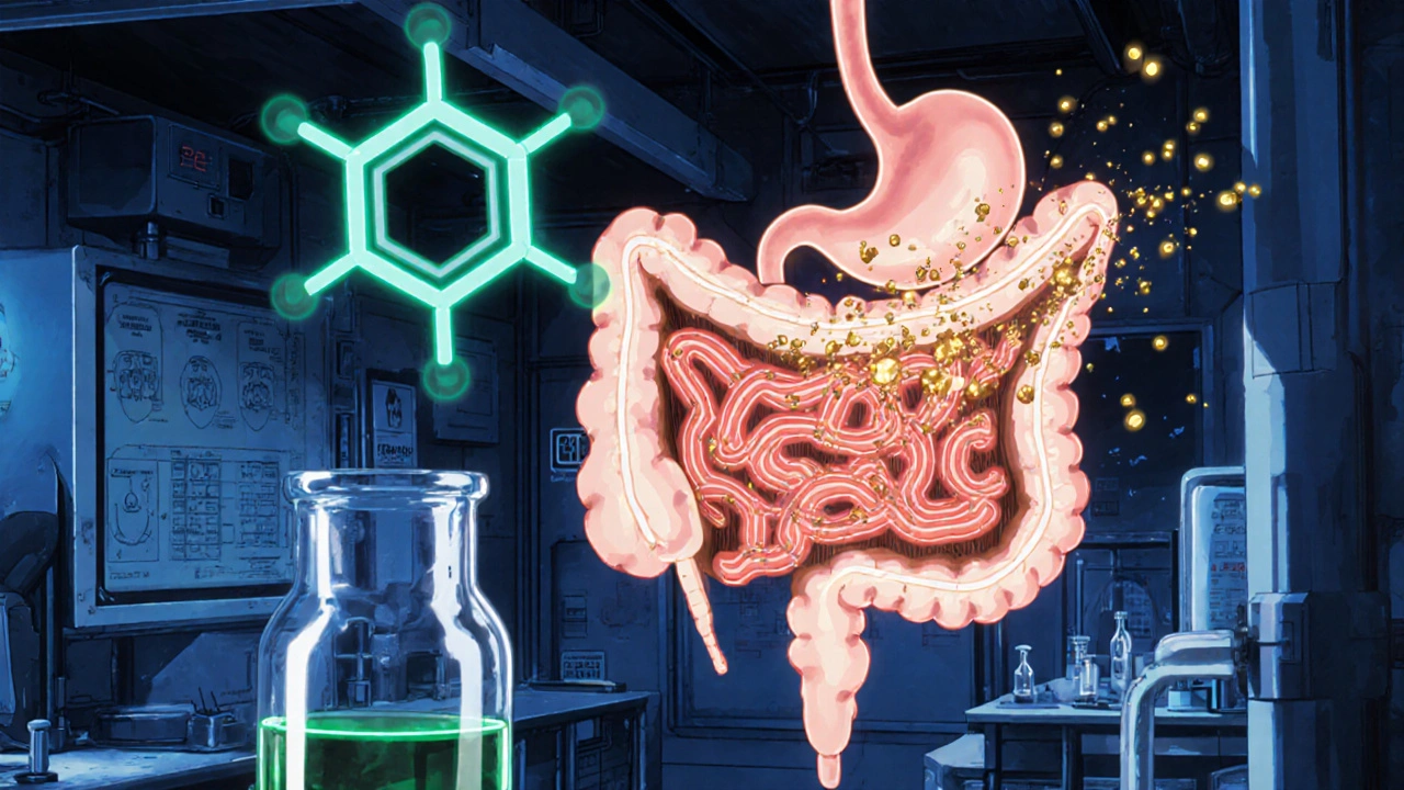Lab illustration shows acotiamide molecule enhancing acetylcholine in the gut muscles.