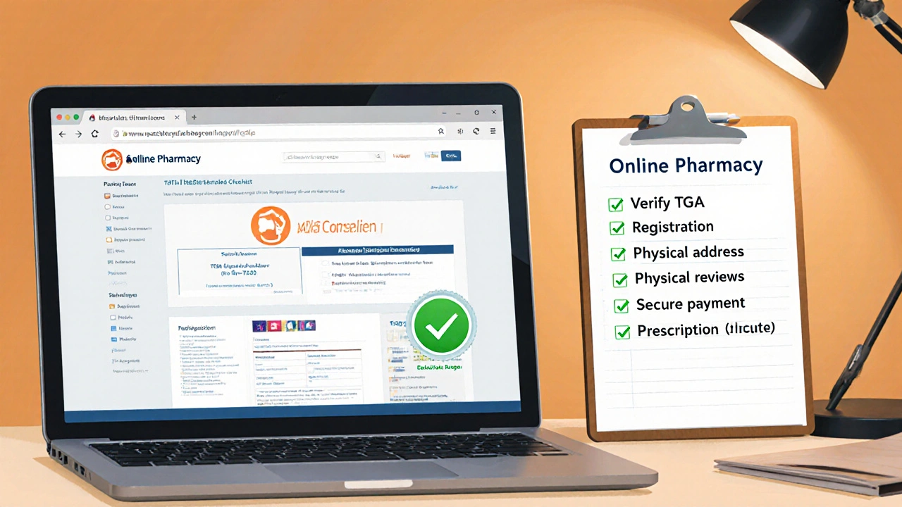 Laptop screen showing pharmacy site with TGA badge and a checklist on a desk.