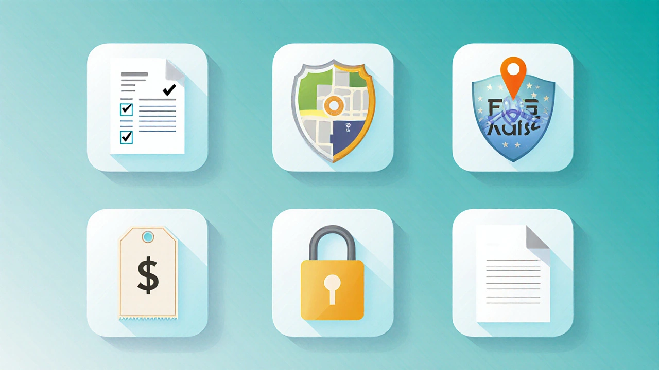 Pastel illustration of six icons: prescription, address, FDA seal, price tag, padlock, privacy document.