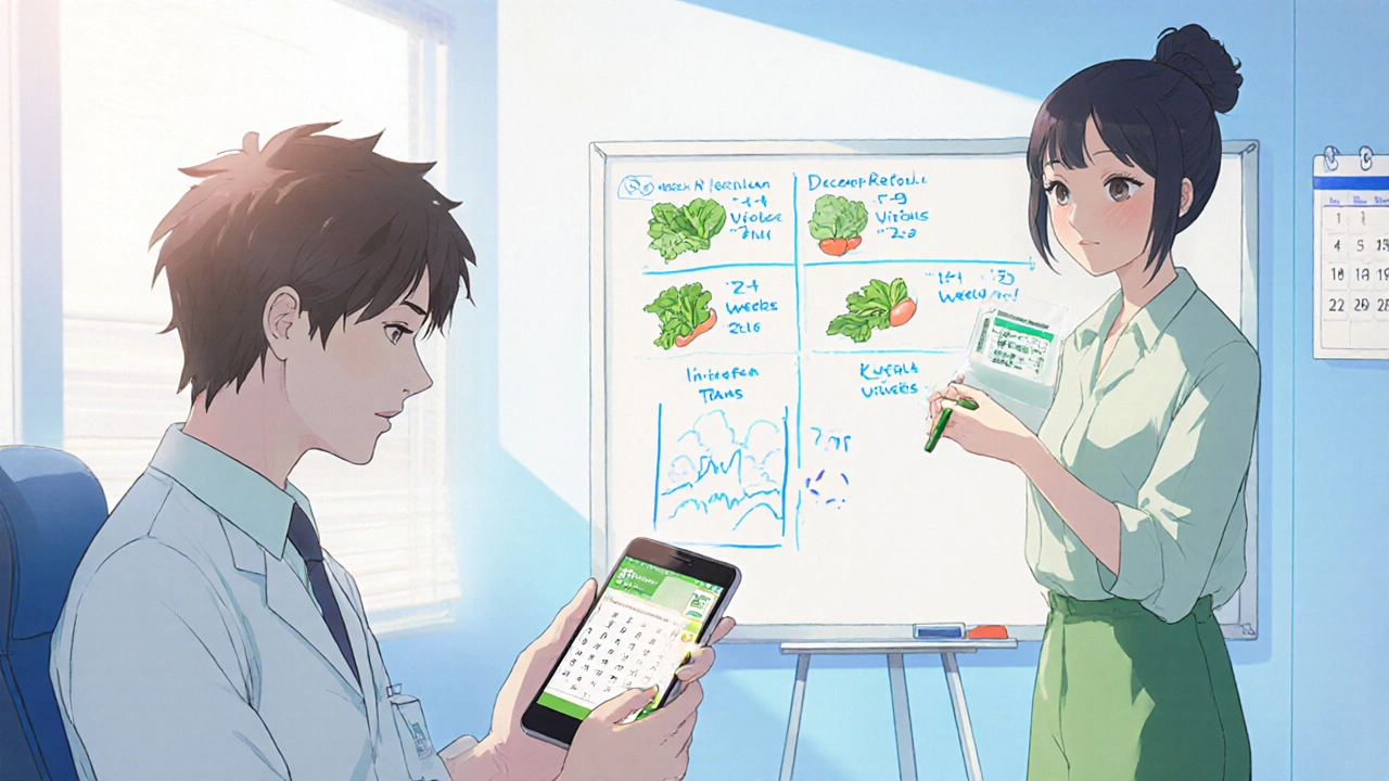 Patient on video call with clinic, holding INR chart while dietitian discusses meal plan.
