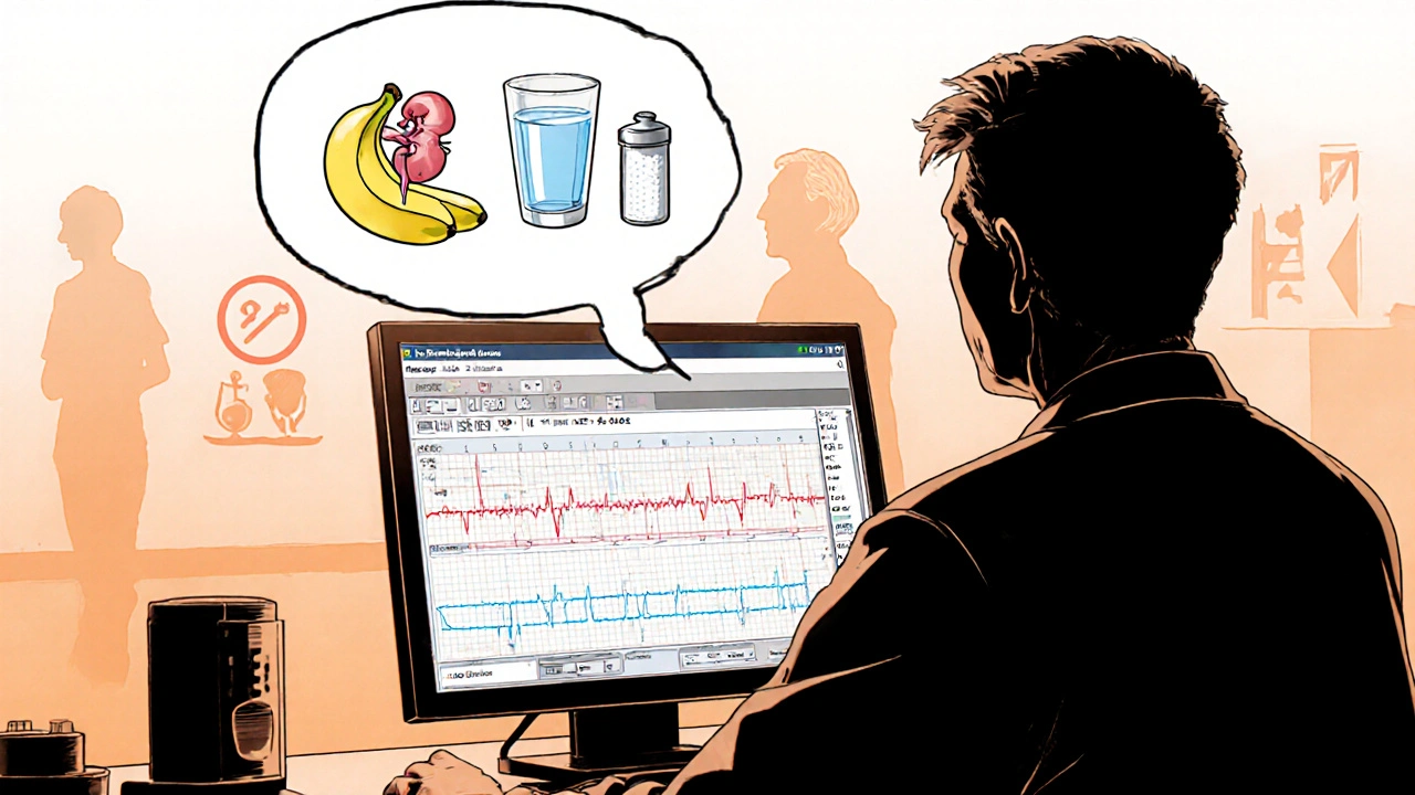 Patient reviewing lab results with thought bubble of banana, water, and salt shaker.