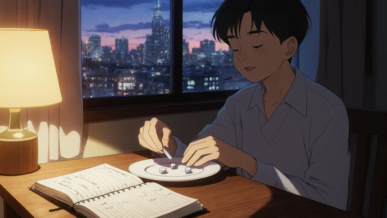 Patient takes three pills before a meal, recording symptoms in a diary with a calm backdrop.