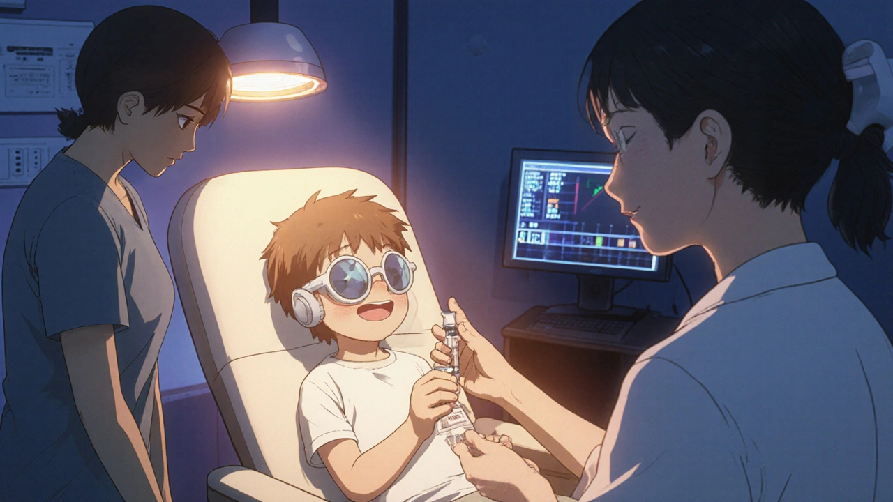 Pediatric phototherapy room with child in UV‑blocking glasses, parent nearby, and doctor monitoring.