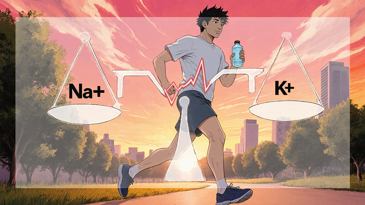 Runner at sunrise with heart rhythm overlay and balanced scale of heart and electrolytes.