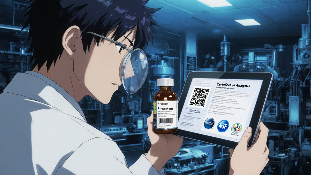Scientist examining a Piracetam label with QR code and certificate in a high‑tech lab.