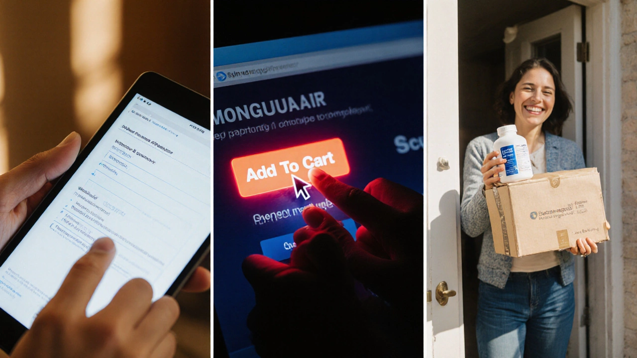 Series of hands uploading prescription, adding to cart, and receiving a generic montelukast package.