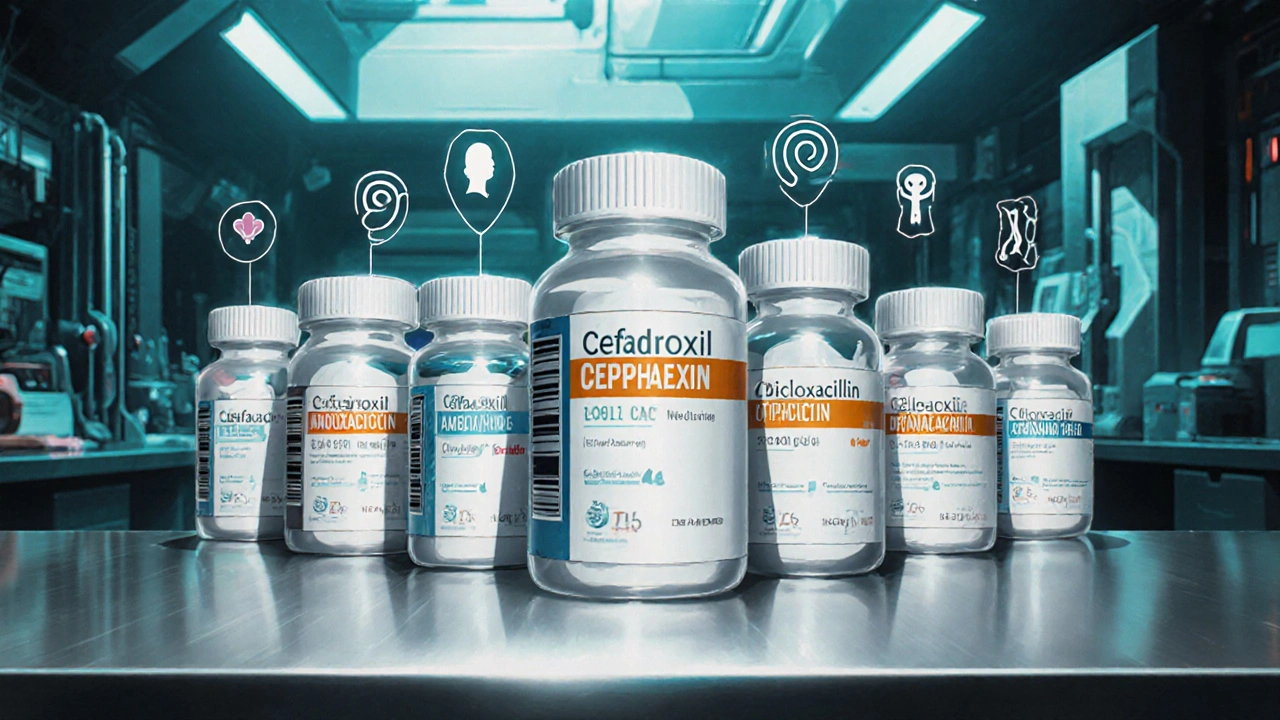 Six medication bottles on a counter with visual icons of their main infection targets.