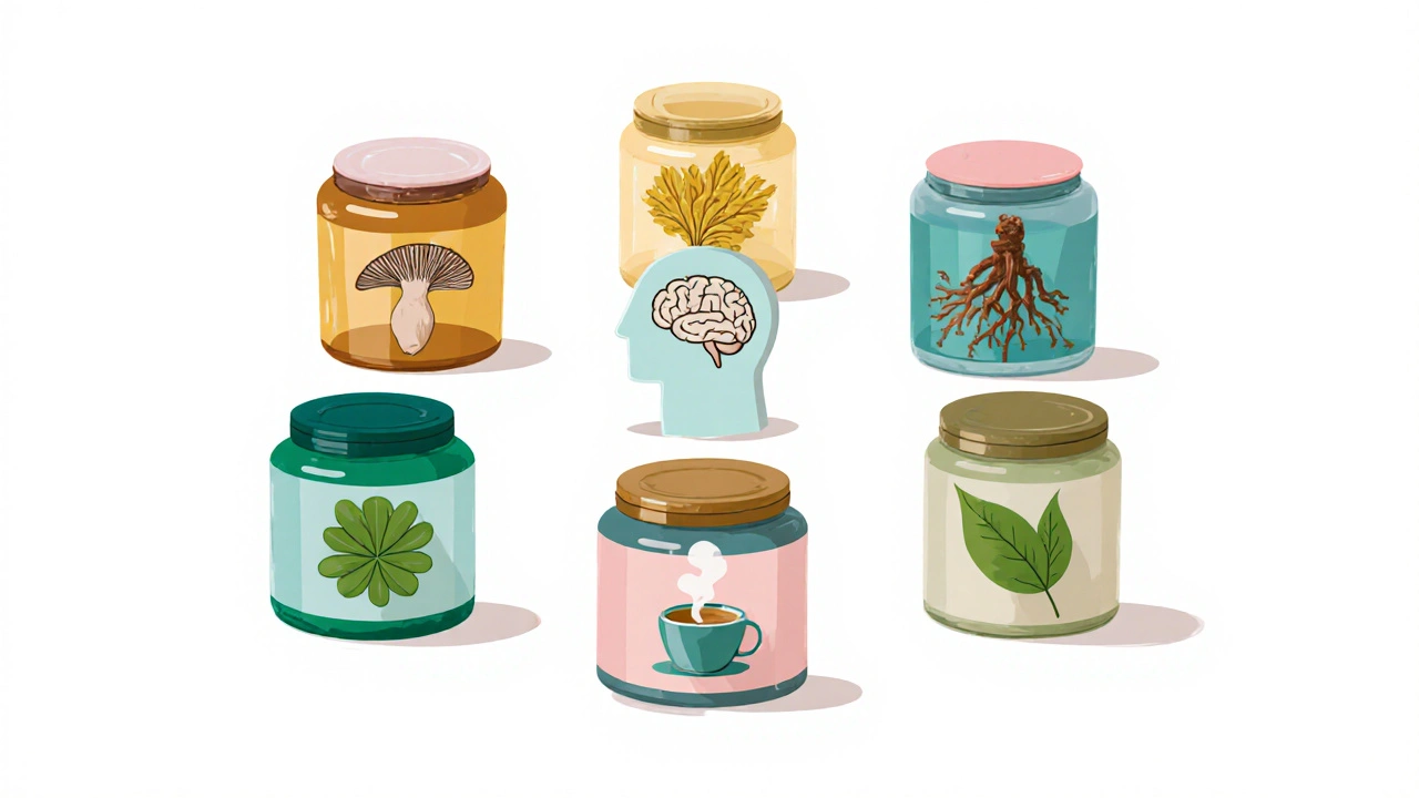 Six supplement jars surrounding a brain icon, each representing a different nootropic.