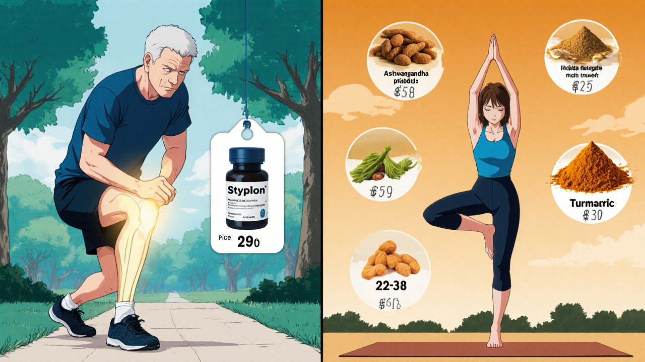 Split scene comparing joint relief from Styplon with alternatives like Ashwagandha and Turmeric.