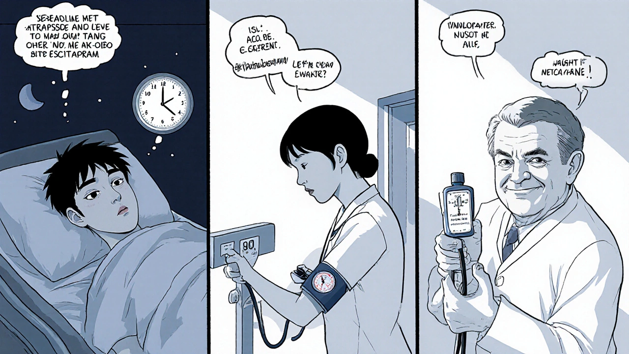 Split‑screen of three patients: insomnia, weight concern, and blood pressure issue with doctors.