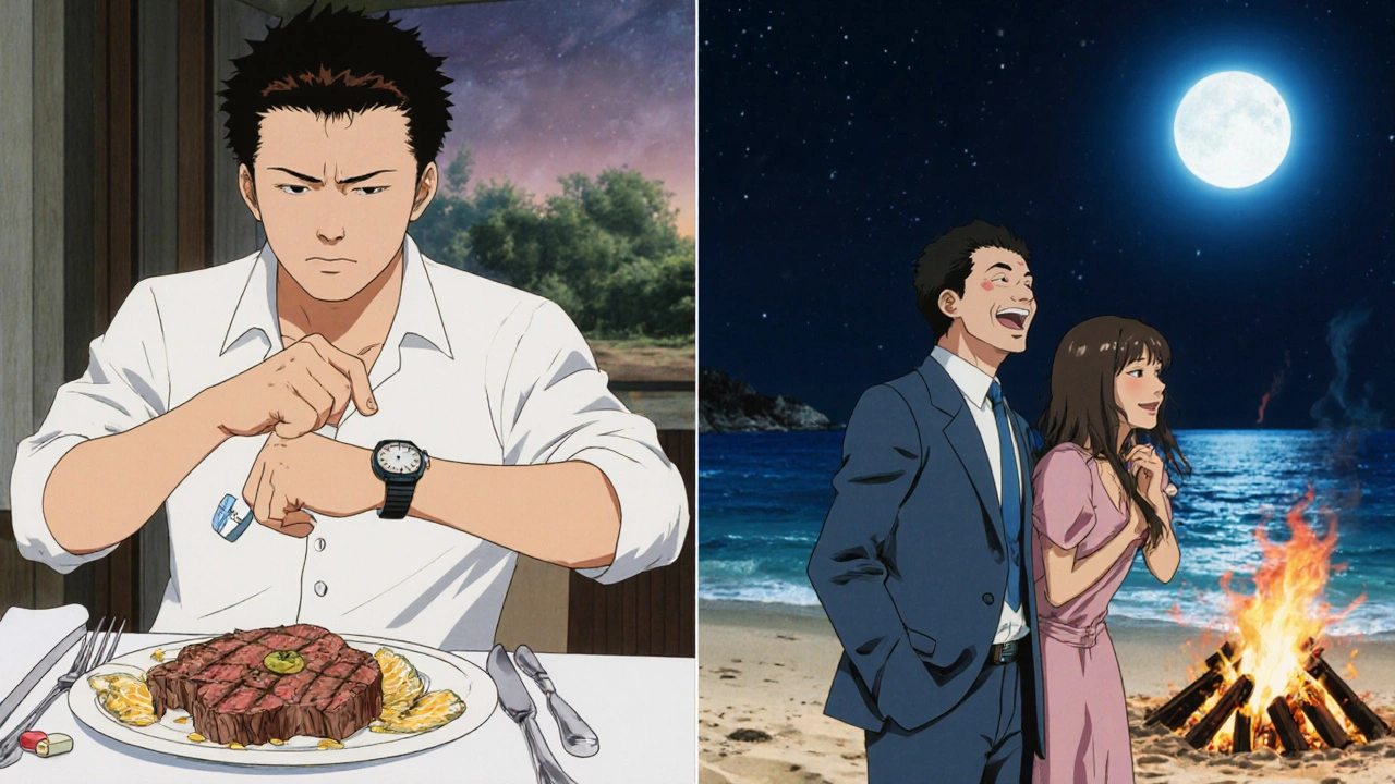 Two men side by side: one stressed before dinner with Viagra, another relaxed at a beach bonfire with Tadarise Pro.