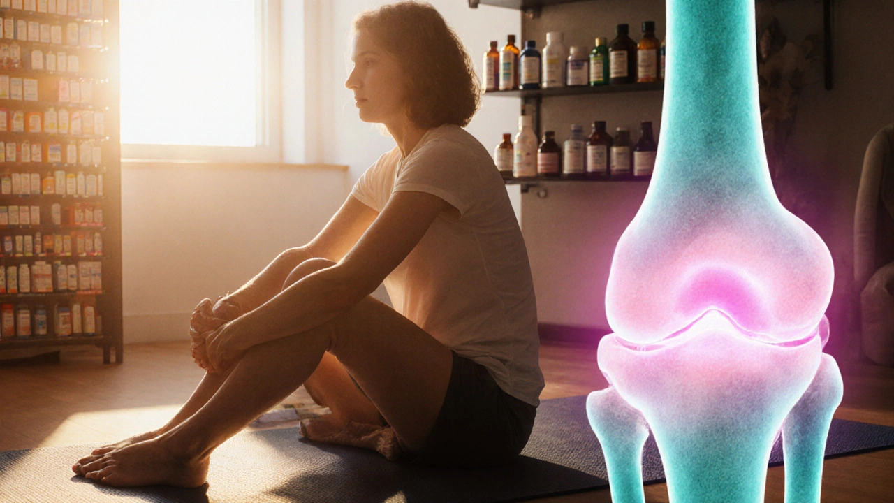 Watercolor scene of a person stretching, with a glowing knee joint indicating reduced inflammation.