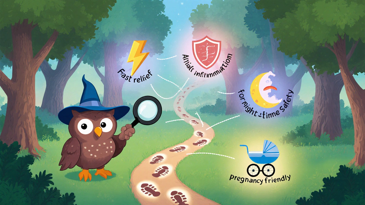Whimsical forest decision map showing pill options for various needs.