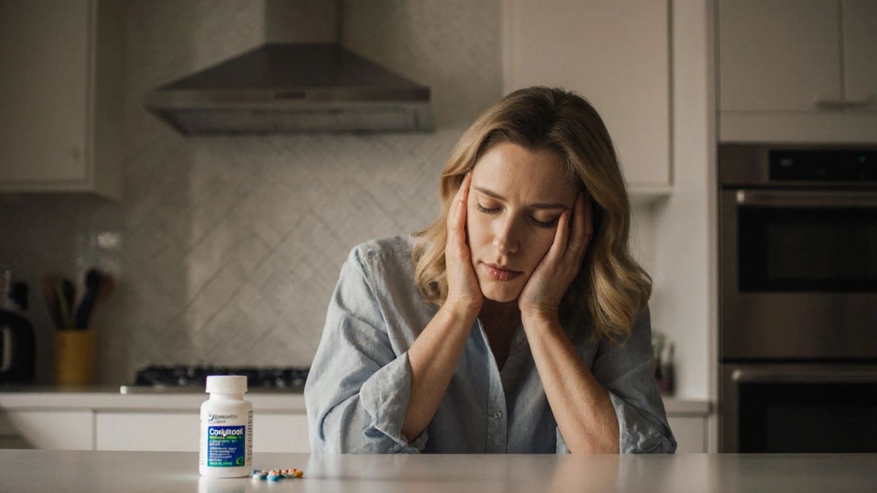 Woman in her 40s experiences a hot flash, with a Conjubrook pill bottle on the kitchen counter.