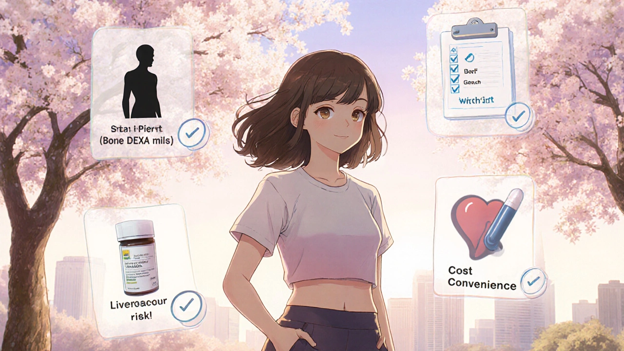 Woman walking in park with floating icons for bone scan, liver test, and checklist.