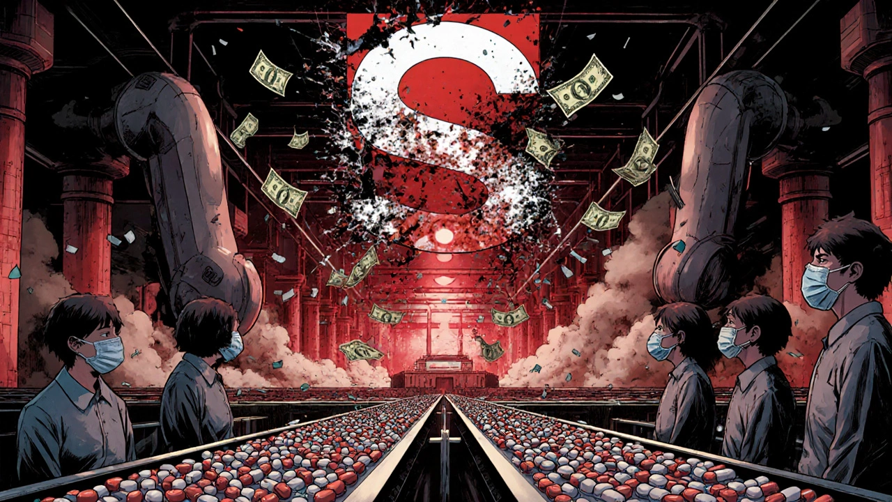 A factory produces generic pills as a branded logo shatters above, with workers and machinery in a dystopian industrial setting.