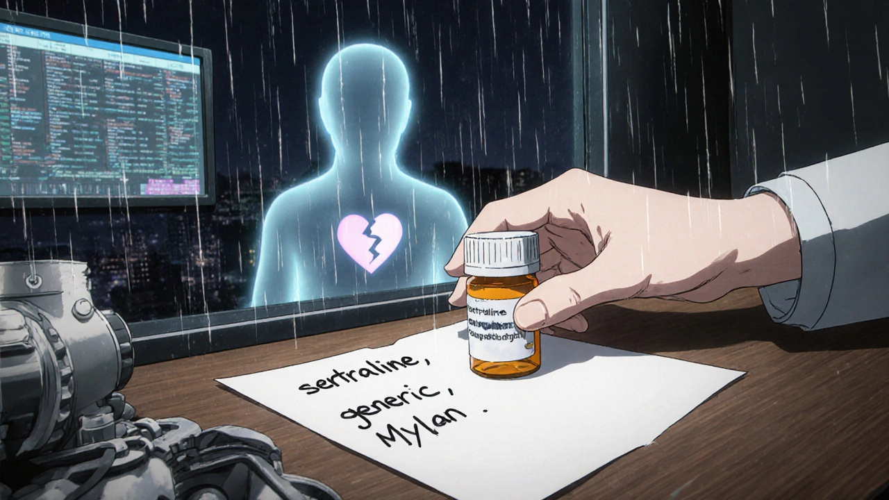 A hand places a generic pill bottle on a desk with a note specifying manufacturer, while a ghostly figure of a fractured heart hovers nearby.