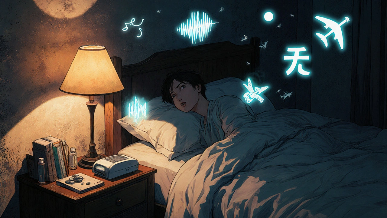 A man lying awake at night surrounded by ghostly sound symbols, a sound machine softly countering the ringing.