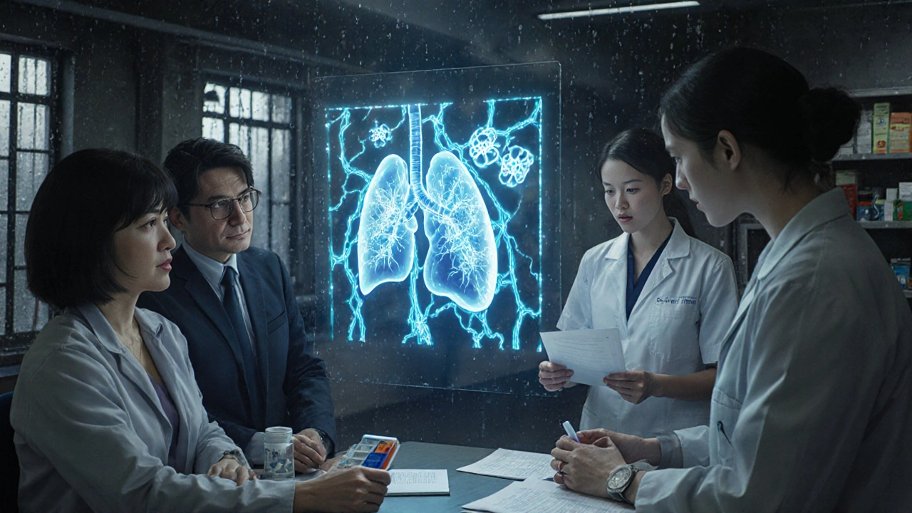 A medical team monitoring a holographic heart with therapeutic molecules reversing lung artery damage.