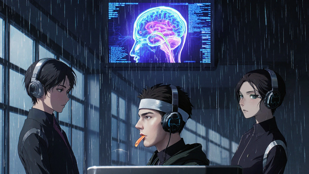 A patient receiving bimodal tinnitus therapy with holographic brain waves dimming the phantom sounds.