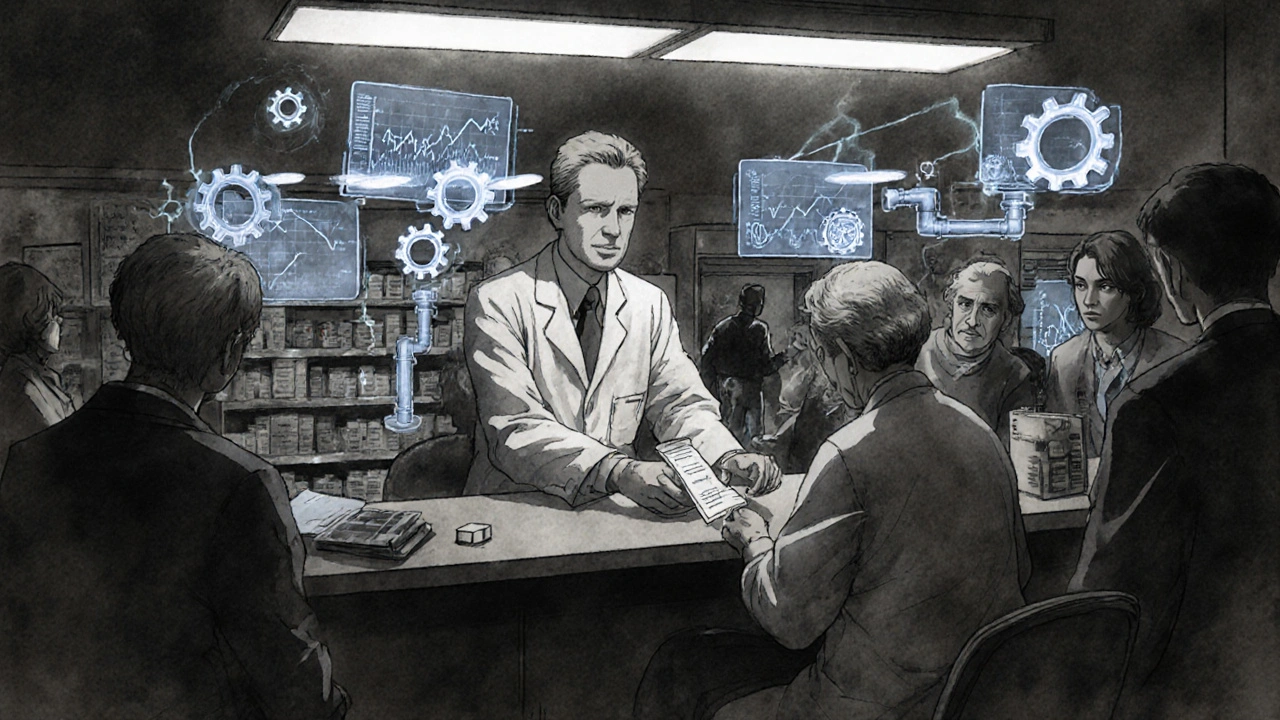 A pharmacist hands a generic prescription at a pharmacy, with floating price drop graphs and regulatory symbols in the air.