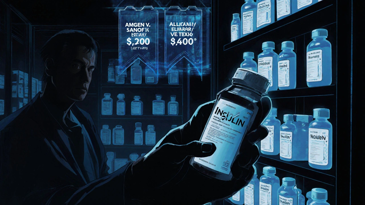 A pharmacy at night with holographic court rulings above a patient&#039;s hand holding a high bill.